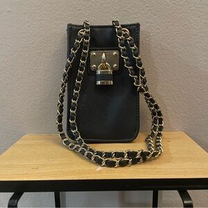 Black Faux Leather Cell Phone Holder Mini Bag Crossbody w Gold Chain — Like New